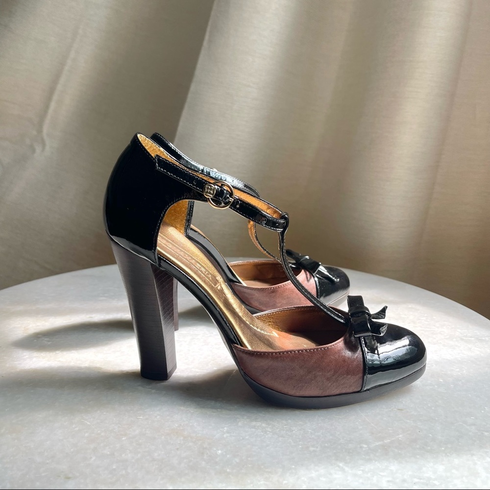 Bcbgmaxazria HADE blk/mahogany ankle strap pattern leather heels (size 6M / 36)